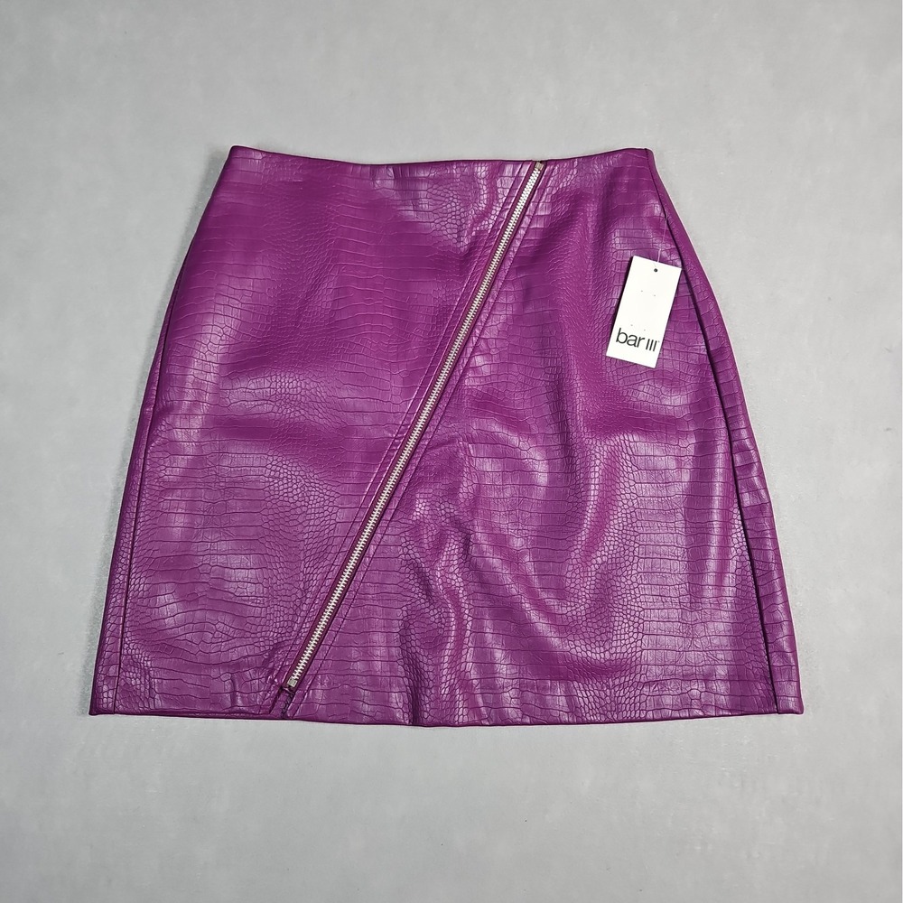Bar III Womens Iris Glow Purple Croc Embossed Faux Leather Mini Skirt Medium NWT